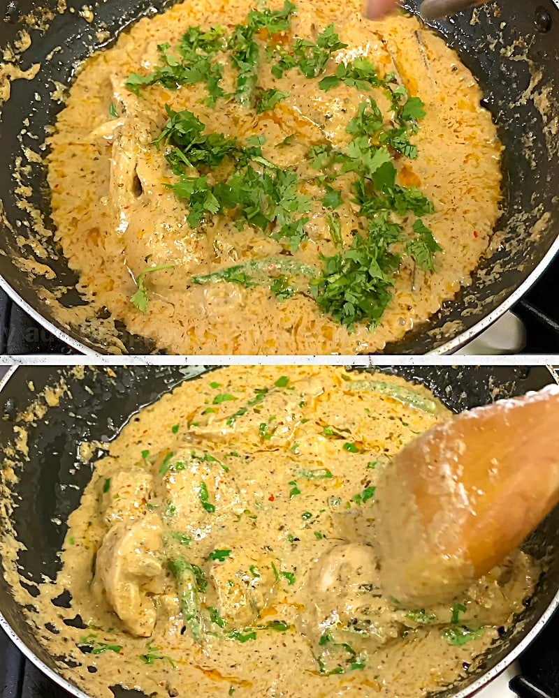 Adding coriander leaves 