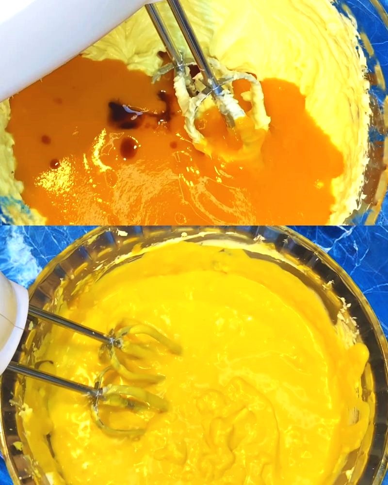 Mango cheesecake recipe step 5 Adding mago pulp and essence