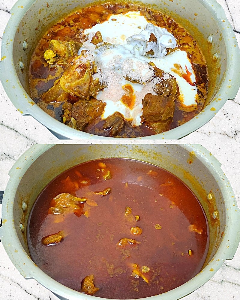 Adding mutton, yogurt, salt and water 