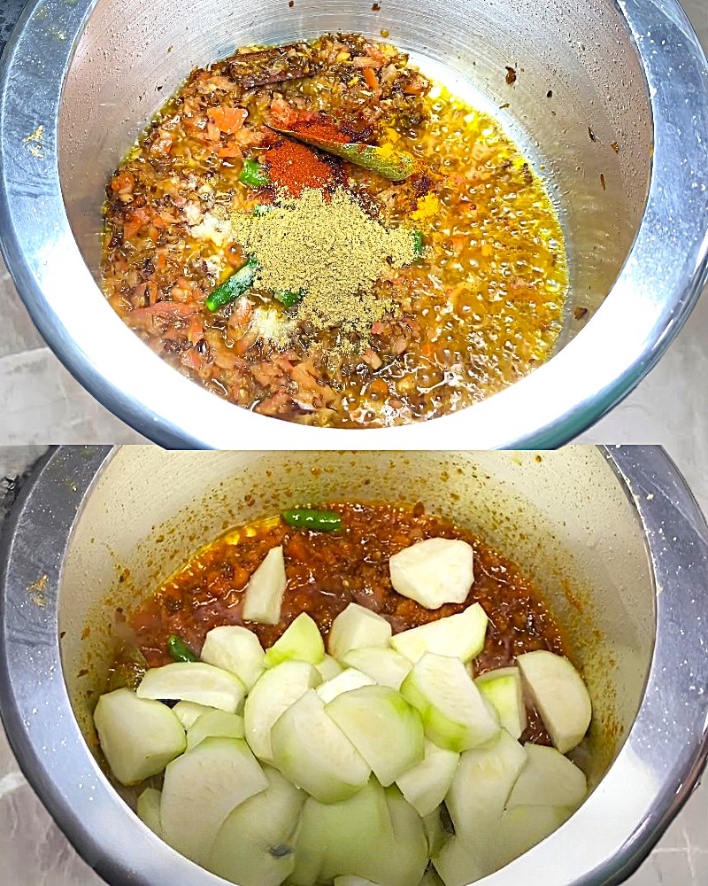 Adding powdered masala and tinda 