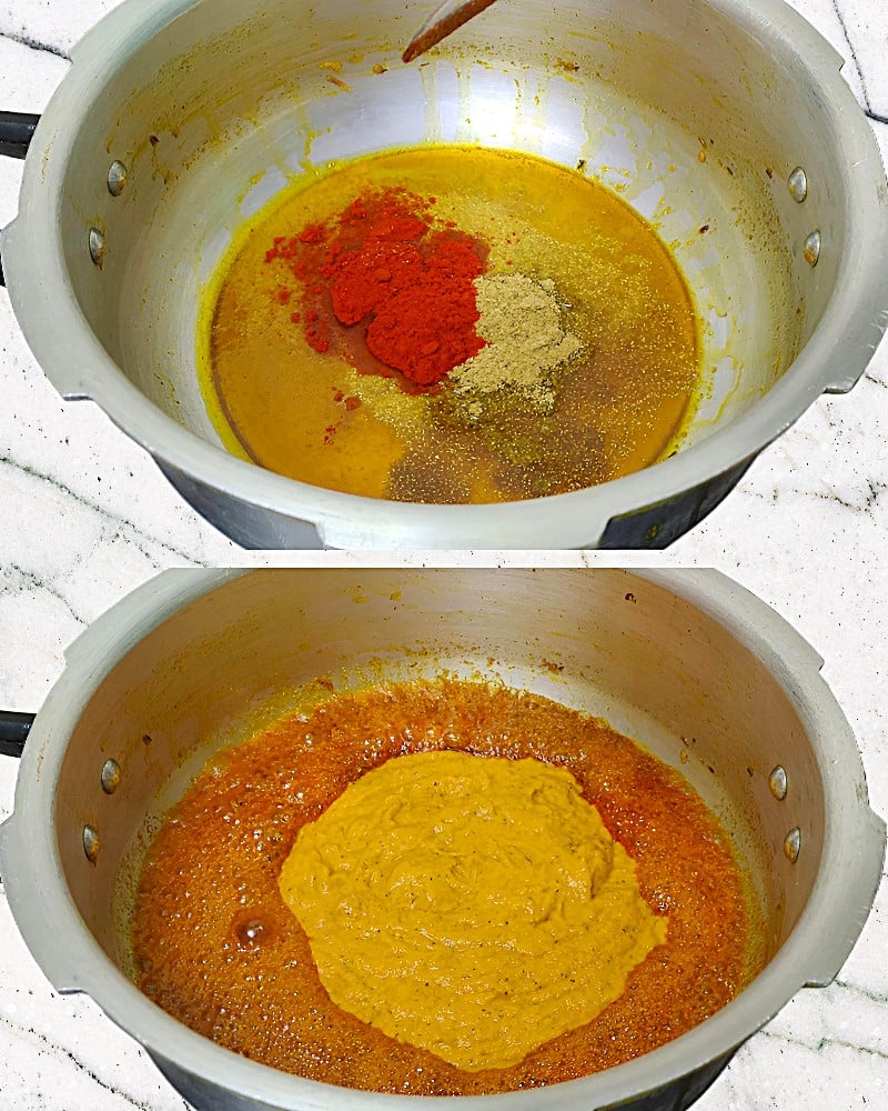 Adding powdered spices and onion-tomato paste 