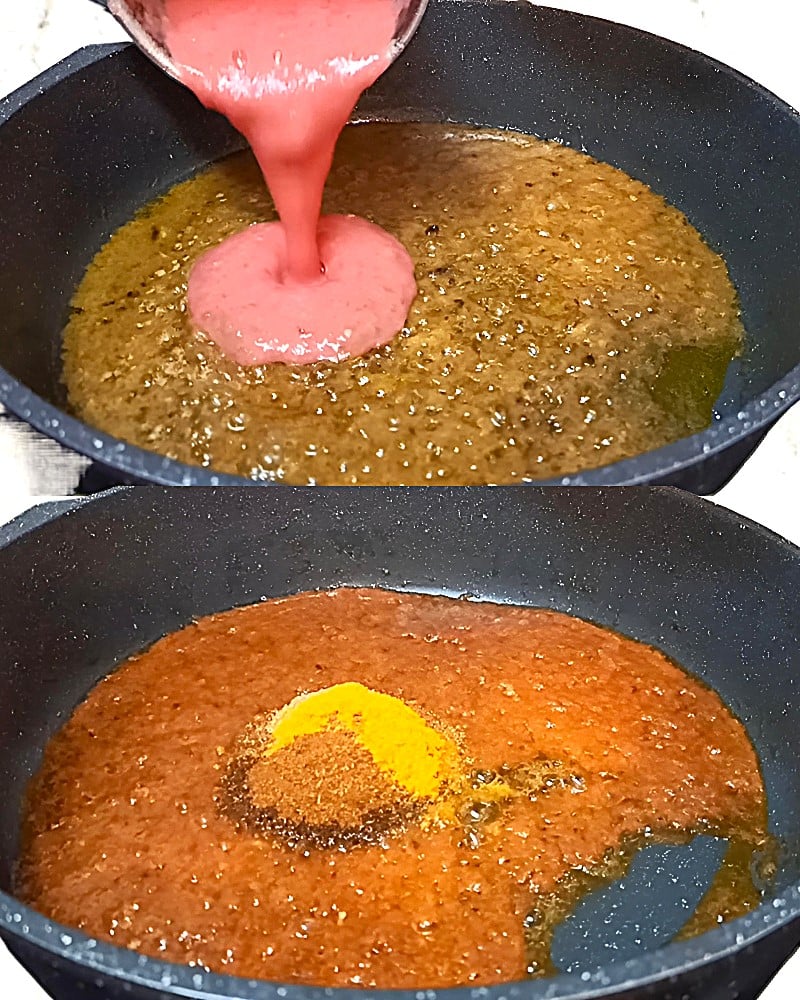 Adding tomato puree and powdered spices 