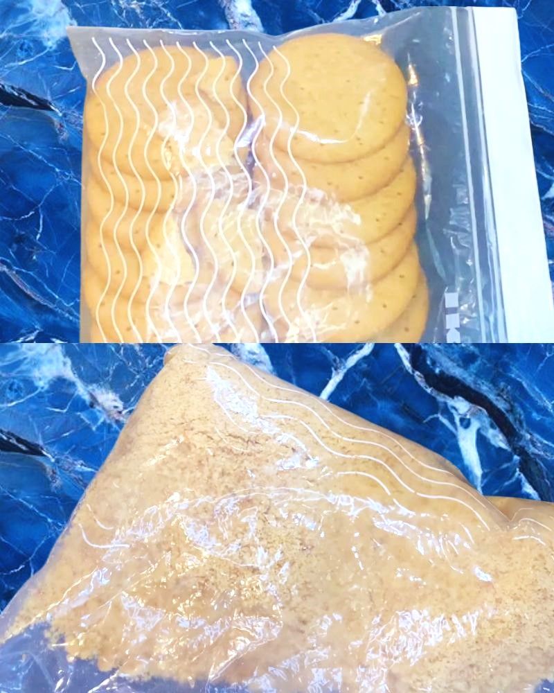 Mango cheesecake recipe step 1 Crushed digestive biscuits