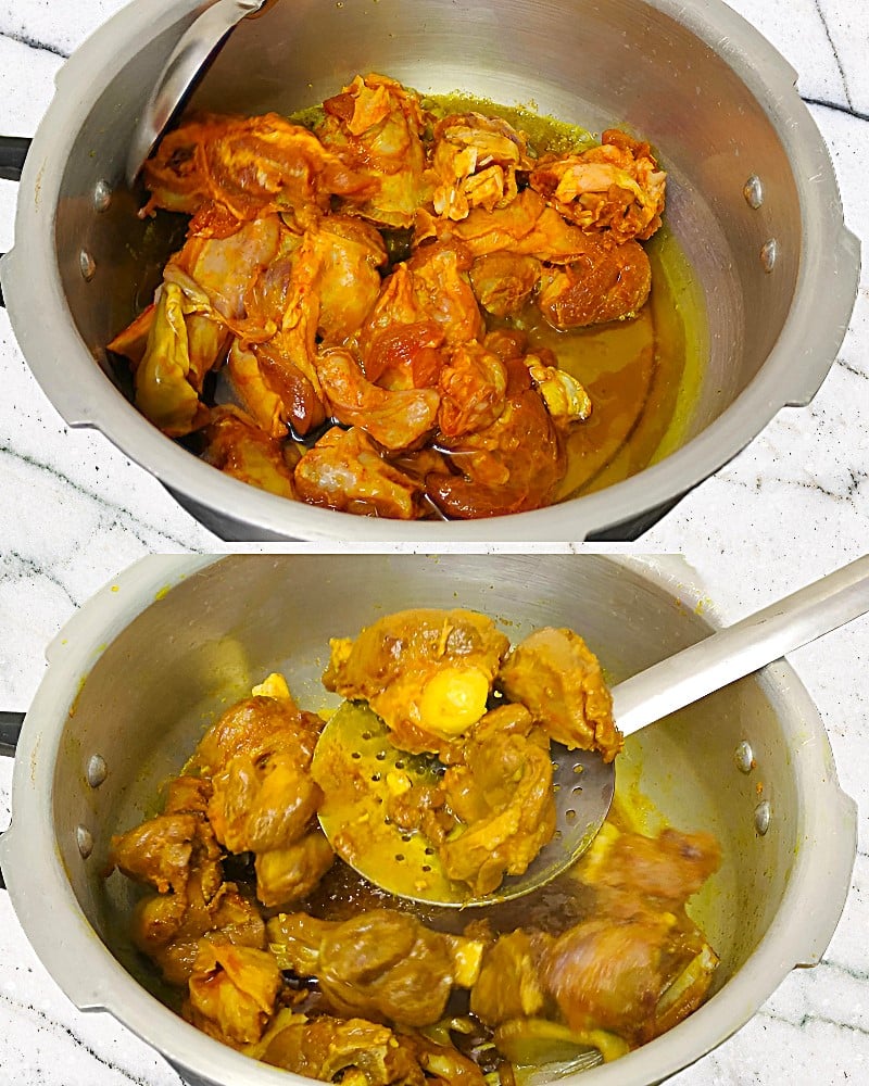 Dhaba style mutton curry recipe step 2 Frying mutton