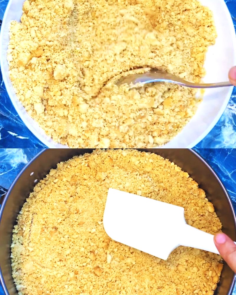 Mango cheesecake recipe step 2 Mixing butter and spreading biscuit mixture