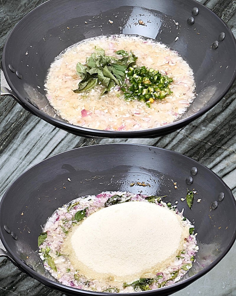 Khara bath recipe step 2 Adding chilies, curry leaves and suji