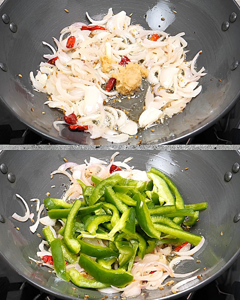 Capsicum rice recipe step 2 Adding ginger and capsicum