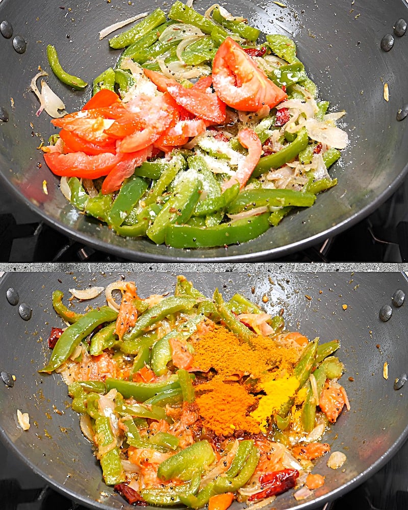 Capsicum rice recipe step 3 Adding tomato, salt and powdered masala
