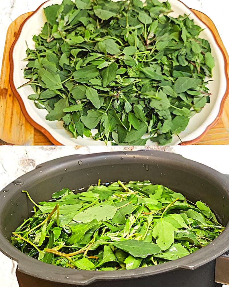 Bathua paratha recipe step 1 Boiling Bathua leaves
