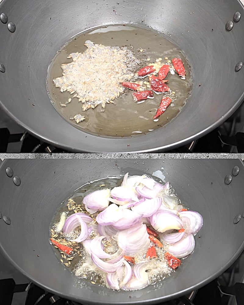 Capsicum rice recipe step 1 Frying spices and onions