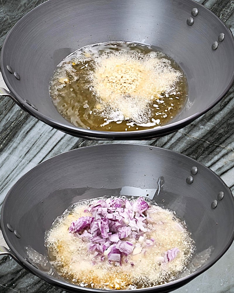 Khara bath recipe step 1 Frying spices, dal and onions