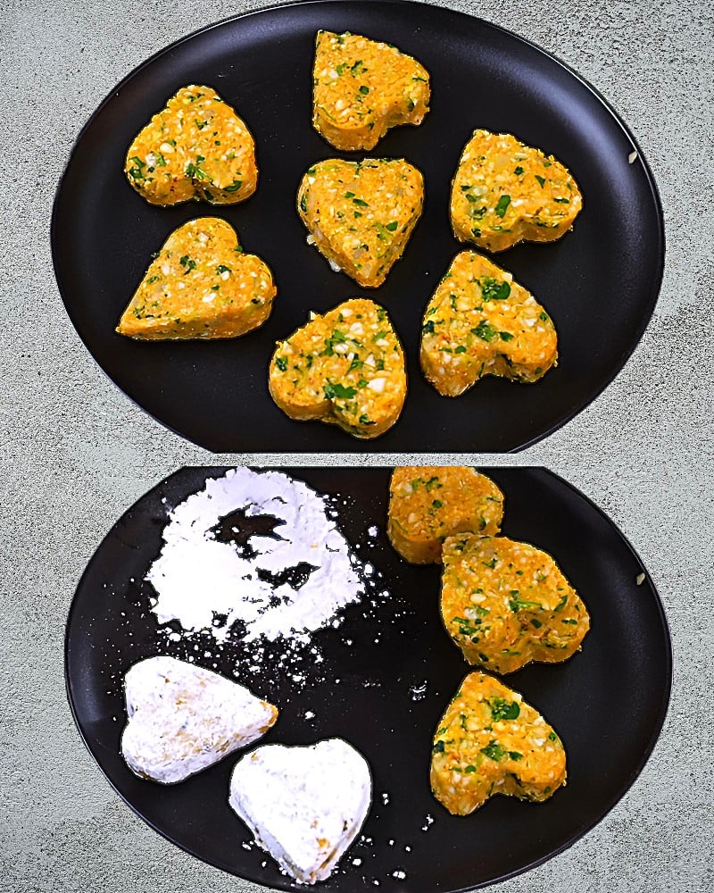 Shaping and coating Cabbage Tikki 