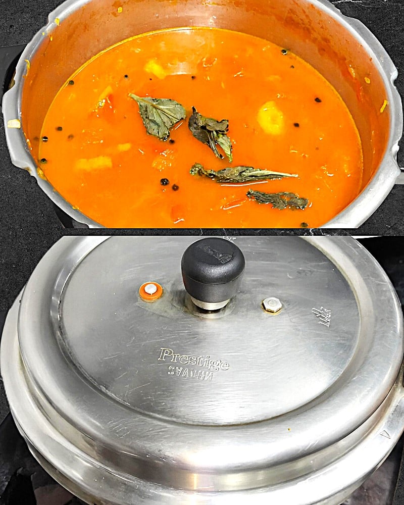 Tomato soup recipe step 6 Adding basil leaves and pressure cooking